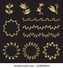 Silhouette laurel wreaths in different  shapes, borders. Gold color on black background