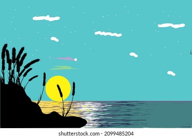 Silhouette Lavender On The Side Of The Beach With Big Sun Would Be Dissapear On The Beach. Blue Sky