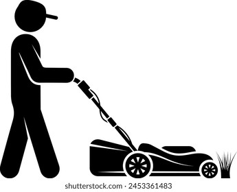 Silhouette of a lawn mower with a lawnmower in his hands