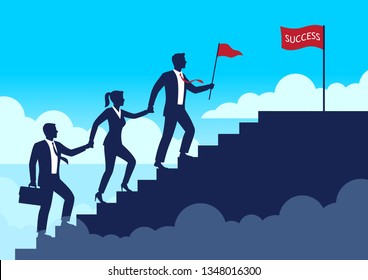 Silhouette leader businessman and team walking up staircases to the top of success, Leadership teamwork business concept growth and the path to goal, Flat design vector illustration