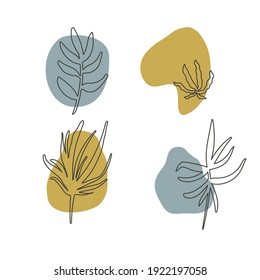Silueta de ramas de hojas en puntos de color abstracto. Dibujar plantas en una línea. Ilustración vectorial aislada en fondo blanco. Elementos botánicos de decoración