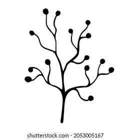 Silhouette de la rama sin hojas con bayas redondas icono vector. Doodle dibujado a mano. Esbozo de trama. Esbozo botánico. Concepto en blanco y negro para decoración, diseño, impresión, web. Elemento aislado.