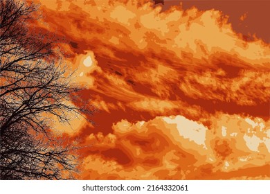 The silhouette of the leafless crown of an oak against the background of cumulus crimson clouds. Vector landscape.