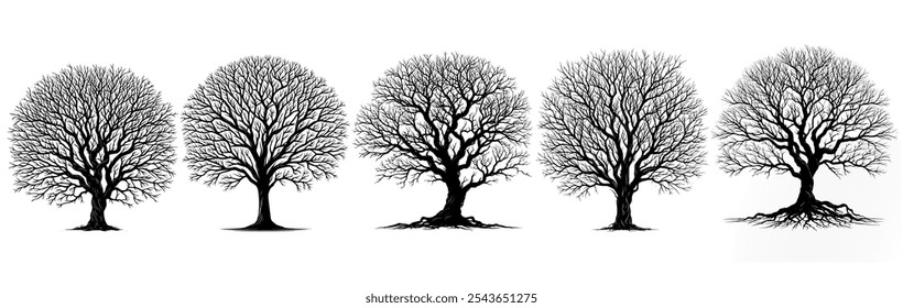 silhouette leafless dead crooked trees set for scary, spooky or horror concept. pollution, death, desert etc concept. detailed vector trees set.