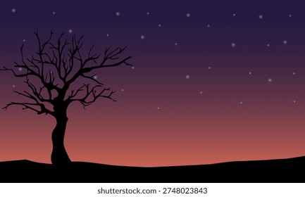 Silhouette of a leafless dry tree against a starry night sky and sunset gradient background. Minimalist vector illustration.