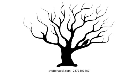 Silhouette Leafless Dry Tree With Bird Vector Illustration.	