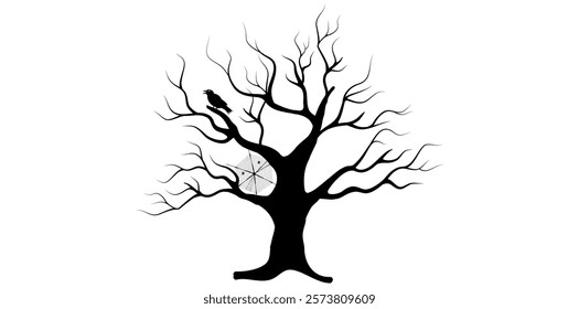 Silhouette Leafless Dry Tree With Bird Vector Illustration.	