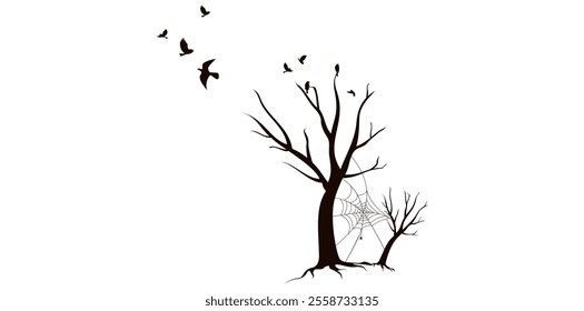 Silhouette Leafless Dry Trees With Birds Vector Illustration.	