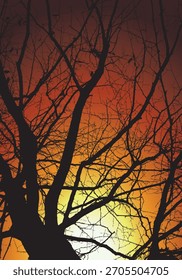 Silhouette of leafless tree branches set against a dramatic sunset gradient from orange to yellow. Ideal for nature themes, backgrounds, seasons, mood, and atmospheric landscape design projects.