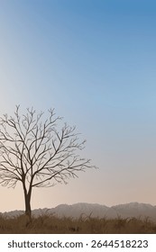 Silhouette leafless tree in countryside landscape in autumn with mountain ranges far away have sunset sky vertical background graphic illustration.