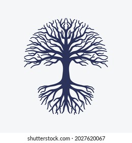 silhouette of a leafless tree with fibrous roots, deciduous tree logo