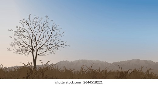 Silhouette leafless tree in minimalist countryside landscape in autumn with mountain ranges far away have sunset sky background graphic illustration.