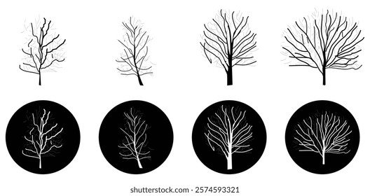 Silhouette Leafless Tree Vector Set. Isolated On Transparent Background.