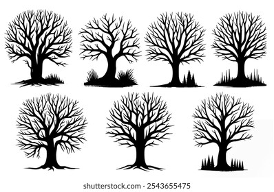 silhouette leafless trees set on white background. vector dead trees collection. 