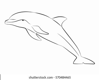 silhouette of a leaping dolphin, black and white drawing, white background