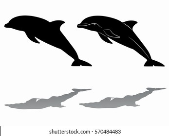 silhouette of a leaping dolphin, black and white drawing, white background