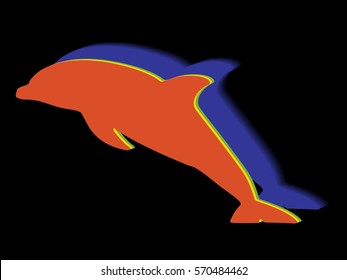 silhouette of a leaping dolphin, color drawing, black background