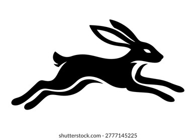 A silhouette of a leaping hare, depicted in a minimalistic style. The rabbit is shown mid-jump, emphasizing its swift motion and agility. The clean lines of the silhouette capture the fluid movement of the animal as it bounds effortlessly through space.