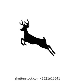 Silhouette of a leaping stag with prominent antlers on a white background, isolated wildlife vector.