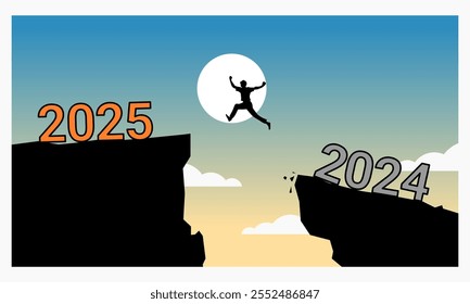 Uma silhueta salta entre falésias rotuladas 2024 e 2025 contra o nascer do sol, simbolizando progresso ou transição para o futuro. Ano Novo 2025