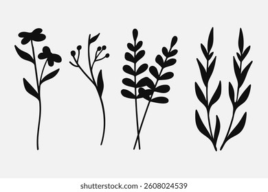Silhouette Leaves branch and floral plants elements collection.Vector illustration