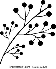 Silhouette leaves and flowers  in line style. Doodle leaf ornament for design hand drawn tree branch