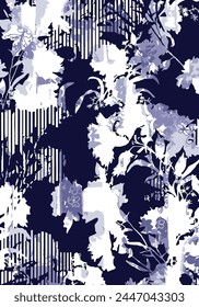 
Silhouette leaves and flowers pattern in blue tones design