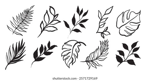 Silhouette of leaves on a brown background. Various leaf shapes, leaf patterns, and leaf designs. Black leaf silhouettes for nature-themed designs. Aesthetic hand drawn nature element vector set.