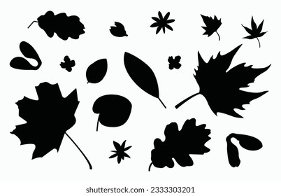 Silhouette leaves set autumn on white background isolated, vector