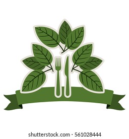 silhouette with leaves and silverware and ribbon