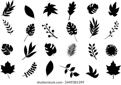 Tipos De Hojas De Silueta, Elementos De Diseñador De Vector Conjunto Colección De Hojas De Silueta, Hojas Naturales De Follaje De Arte Tropical En Estilo De Silueta, Colección De Silueta Gráfica En Blanco Y Negro.