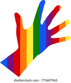 silhouette of left female hand in colors of LGBT flag,  support symbol