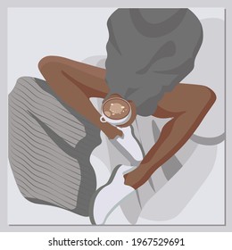 Silhouette of the legs of a girl in sneakers sitting on light fabric in Abedroom in a sweater with a cup of cappuccino. A girl without a face. Body element. Modern minimalist illustration.
