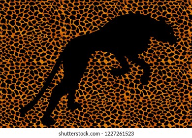 Silhouette leopard, ocelot or wild cat on repeated fur leather print. Animal skin stylized vector background.
