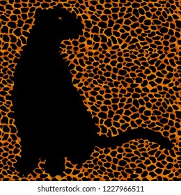 Silhouette leopard, ocelot or wild cat on repeated fur leather print. Animal skin stylized vector background.