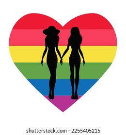 The silhouette of lesbians on the background of a multicolored heart. Connection, love. Vector.