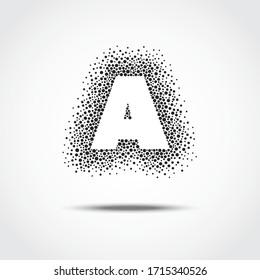 Silhouette of the letter A. Form consisting of dots of various size. Black and white vector abstract background.