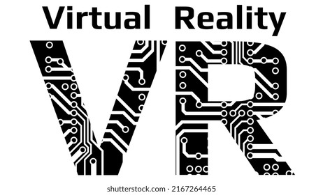Letras de silueta de abreviatura VR para Realidad Virtual perforadas con pistas de circuito PCB aisladas en fondo blanco. Ilustración vectorial.