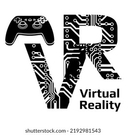 Silhouette letters VR abbreviation for Virtual Reality perforated with PCB circuit board tracks and gamepad joystick isolated on white background.