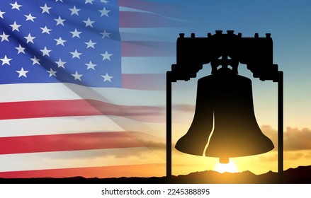 SIlhouette of The Liberty Bell as symbols of freedom and justiceon background of sunset. Concept - National Freedom Day. February 1. EPS10 vector