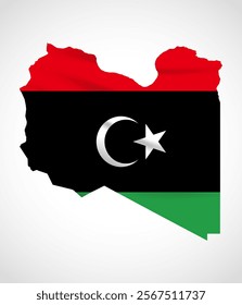 Silhouette of Libya map filled with the Libyan flag design, symbolizing national pride, cultural heritage, and geographic identity.  
