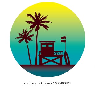 Silhouette of lifeguard station on a beach and sunset sky. Vector illustration with summer landscape.