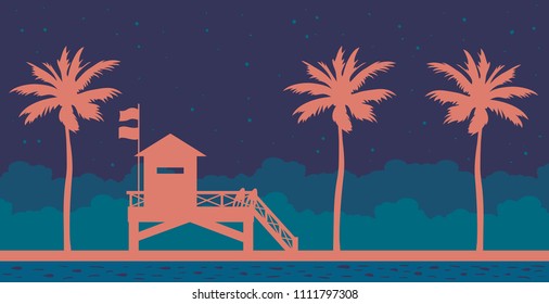 Silhouette of lifeguard station on a beach and blue sea on a night starry sky. Vector illustration with summer landscape. svg