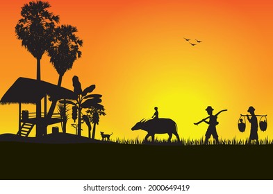 silhouette lifestyle of people at countryside vecto design,one family go to paddy field