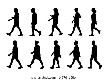 Silhouette lifestyle people on white background, Man and women walking vector, isolate shape group girl and boy, Shadow different human illustration