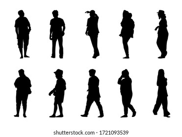 Silhouette lifestyle people on white background, Man and women walking vector, isolate shape group girl and boy illustration