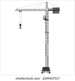 Silhouette of a lifting tower construction crane. Industry and construction. Template for the design. Isolated on a white background. Vector illustration.