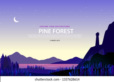 the silhouette light house. pine tree with purple sunset landscape view. starry night and moon background. Illustration vector background banner. explore destination in pine forest on peak mountain