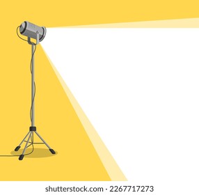 Silhouette of light lamp projector on tripod with scattered rays. Projecting a beam of spotlight is glowing on down. Cinema background. Template for festive banner, flyer, poster with place for text.