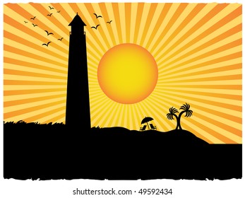 Silhouette lighthouse beach surrounded sunny rays grunge